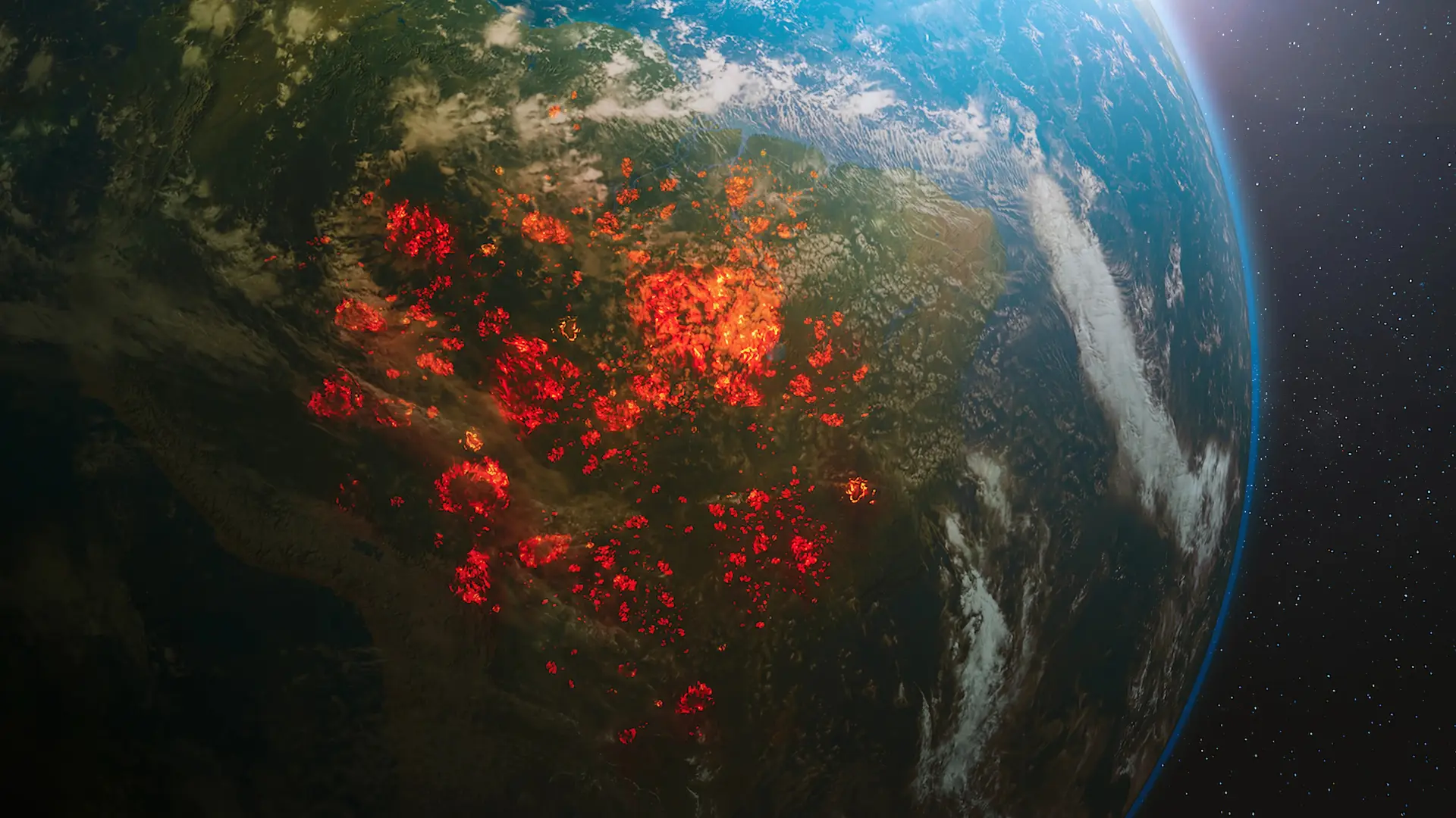 Satellite view of Earth with multiple wildfires